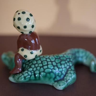 CERAMIC ARTS STUDIO MADISON, WI. BOY ON ALIGATOR. SALT AND PEPPER