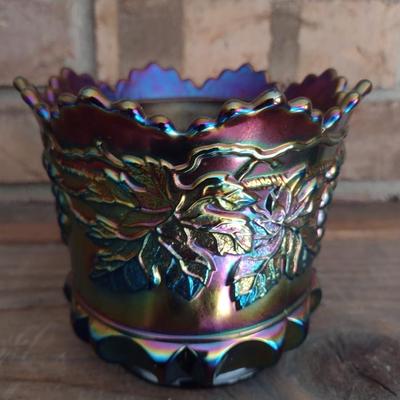 Grape and Cable Carnival Glass Vase- Possibly Northwood- Approx 4" Tall
