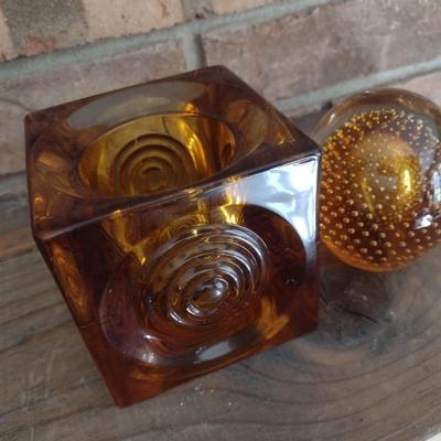 Amber Glass Home Decor- Bullseye Candle Holder and Controlled Bubble Paper Weight