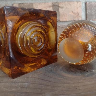 Amber Glass Home Decor- Bullseye Candle Holder and Controlled Bubble Paper Weight