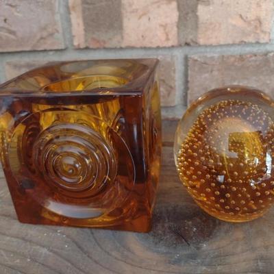 Amber Glass Home Decor- Bullseye Candle Holder and Controlled Bubble Paper Weight