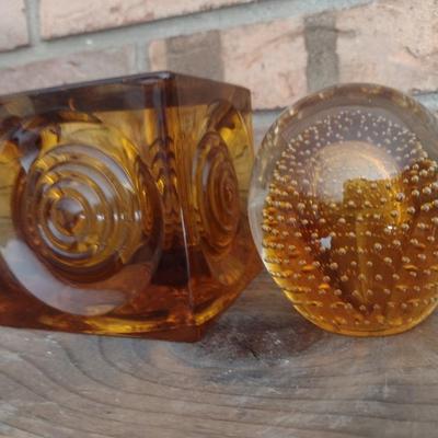 Amber Glass Home Decor- Bullseye Candle Holder and Controlled Bubble Paper Weight