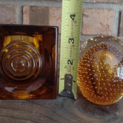 Amber Glass Home Decor- Bullseye Candle Holder and Controlled Bubble Paper Weight