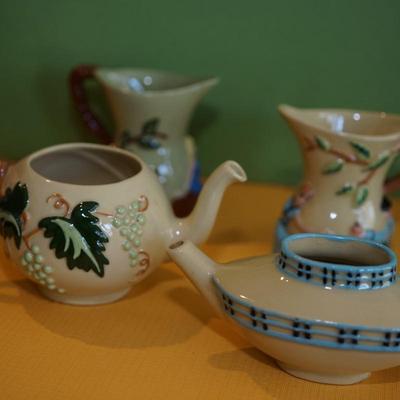 CERAMIC ARTS STUDIO MINIATURE HANDLES PITCHERS, TEA POT GROUPING OF 4