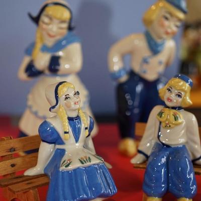 CERAMIC ARTS STUDIO. DUTCH STYLE FIGURINES ONE SET WITH BENCH /ONE PAIR STANDING