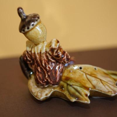 CERAMIC ARTS STUDIO LITTLE ACORN MAN ON LEAF SALT AND PEPPER