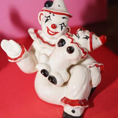 CERAMIC ARTS STUDIO CIRCUS CLOWN/ DOG SALT AND PEPPER & PINK ELEPHANT