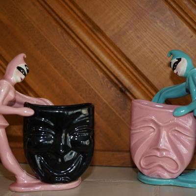 CERAMIC ARTS STUDIO COMEDY AND TRAGEDY ENCORE MAN & ENCORE LADY PINK AND TEAL 8"