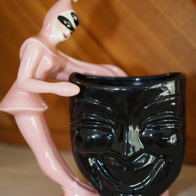 CERAMIC ARTS STUDIO COMEDY AND TRAGEDY ENCORE MAN & ENCORE LADY PINK AND TEAL 8"