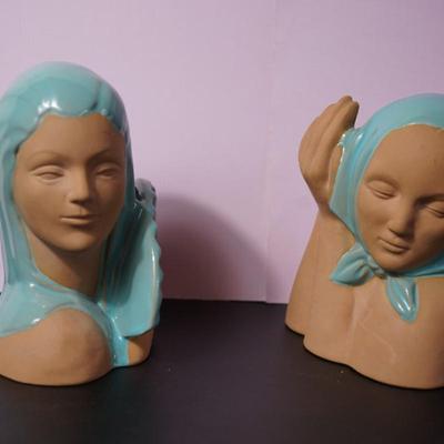 CATALINA POTTERY HEAD VASES TERRA COTTA W/ GLAZED SCARVES.