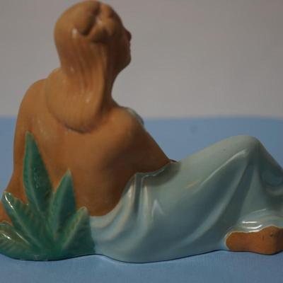 GLADDING MCBEAN POTTERY OF CALIFORNIA 1940'S ELEGANT FORM OF TERRA COTTA WOMAN IWTH TEAL GLAZE ROBE