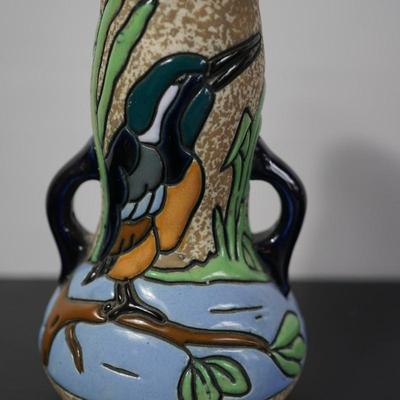 CZECHOSLOVAKIA AMPHORA ART POTTERY WITH ENGRAVED KINGFISHER BIRD/ GLAZE FILLED OF CHOICE COLORS FOR THE TIME PERIOD