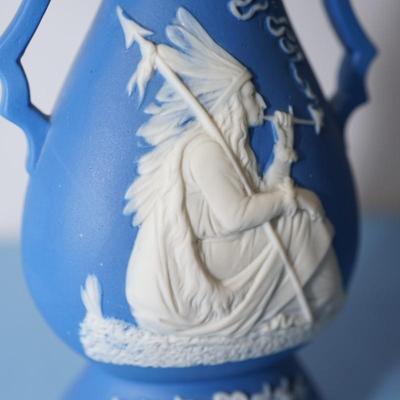 UNIQUE WEDGEWOOD STYLE MEDIUM BLUE JASPERWARE HANDLED VASE/ NATIVE AMERICAN SMOKING PIPE