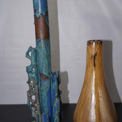 INTERESTING BRUTALIST STYLE TALL VESSEL 19 1/2" AND CONE SHAPED VASE