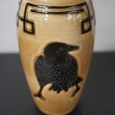 DOOR POTTERY VASE INCISED CARVED CROW - GLAZED
