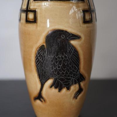 DOOR POTTERY VASE INCISED CARVED CROW - GLAZED