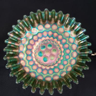 GREEN CARNIVAL GLASS RUFFLED BOWL AND A MARBLE EGG