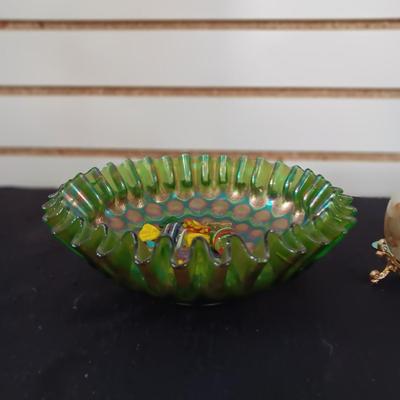 GREEN CARNIVAL GLASS RUFFLED BOWL AND A MARBLE EGG