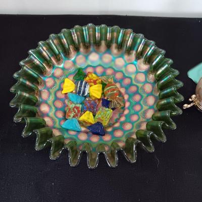 GREEN CARNIVAL GLASS RUFFLED BOWL AND A MARBLE EGG