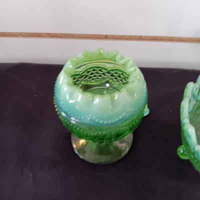 GREEN PEARLS AND SCALES FOOTED ROSE BOWL & FOOTED GLASS BOWL