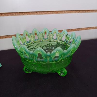 GREEN PEARLS AND SCALES FOOTED ROSE BOWL & FOOTED GLASS BOWL