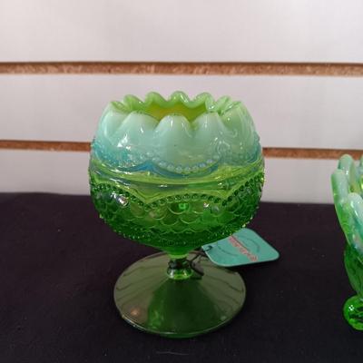 GREEN PEARLS AND SCALES FOOTED ROSE BOWL & FOOTED GLASS BOWL