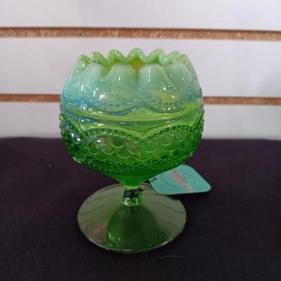 GREEN PEARLS AND SCALES FOOTED ROSE BOWL & FOOTED GLASS BOWL