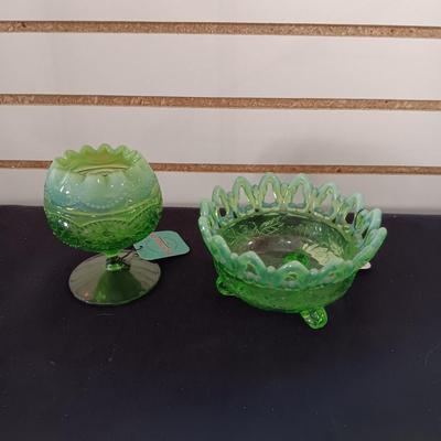 GREEN PEARLS AND SCALES FOOTED ROSE BOWL & FOOTED GLASS BOWL