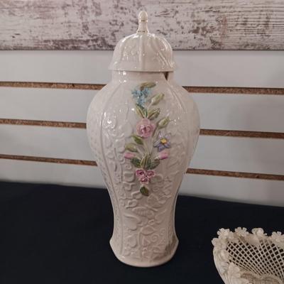 BELLEEK COVERED VASE AND BELLEEK WHITE WOVEN HEART