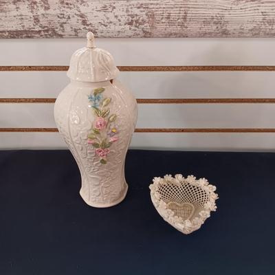 BELLEEK COVERED VASE AND BELLEEK WHITE WOVEN HEART