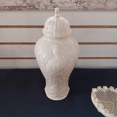 BELLEEK COVERED VASE AND BELLEEK WHITE WOVEN HEART