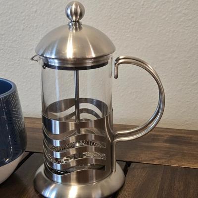 (2) Large Coffe Mugs and Personal Size French Press Coffee Maker