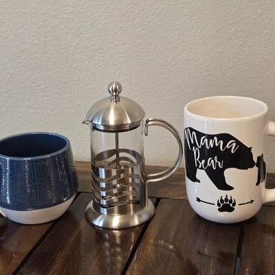 (2) Large Coffe Mugs and Personal Size French Press Coffee Maker