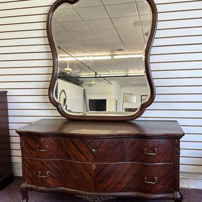 Antique Solid Lowboy Dresser with Large Mirror
