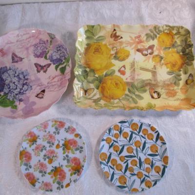 Melmac serving tray, plate, 2 small plates