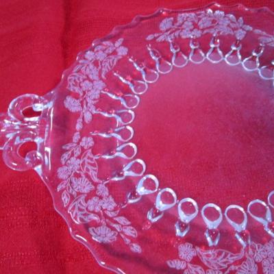 Etched clear round glass dish with handles