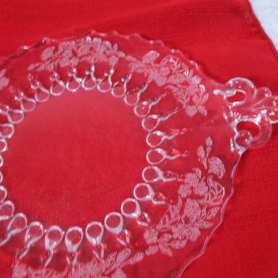 Etched clear round glass dish with handles