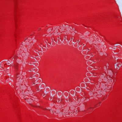 Etched clear round glass dish with handles