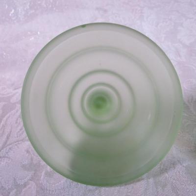 Vintage Derma Dolly Sisters powder jar, green depression satin glass