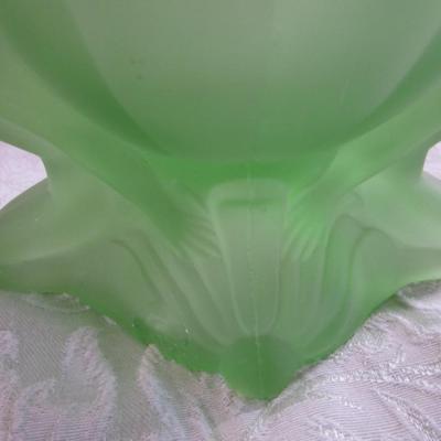 Vintage Derma Dolly Sisters powder jar, green depression satin glass
