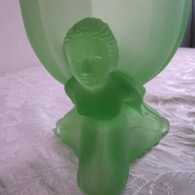 Vintage Derma Dolly Sisters powder jar, green depression satin glass