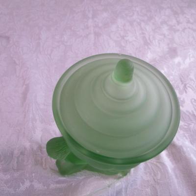 Vintage Derma Dolly Sisters powder jar, green depression satin glass