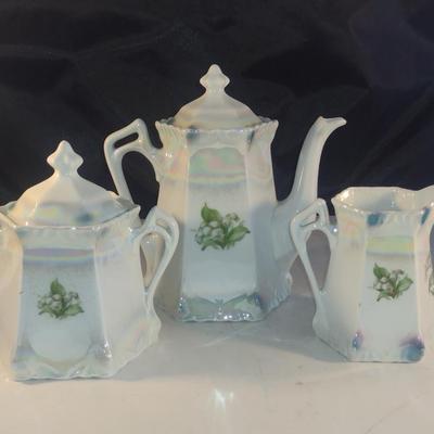 Hand Painted German Coffee Pot, Creamer and Covered Sugar Bowl