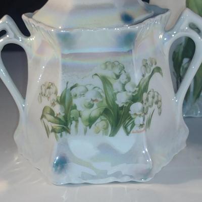 Hand Painted German Coffee Pot, Creamer and Covered Sugar Bowl