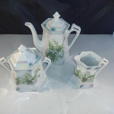 Hand Painted German Coffee Pot, Creamer and Covered Sugar Bowl