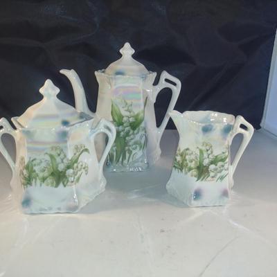 Hand Painted German Coffee Pot, Creamer and Covered Sugar Bowl