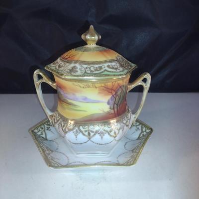 Hand Painted Nippon Condensed Milk Cover with Under Plate and Lid