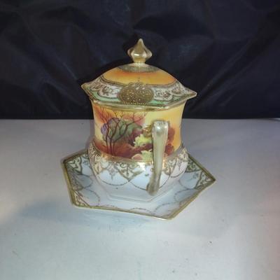 Hand Painted Nippon Condensed Milk Cover with Under Plate and Lid