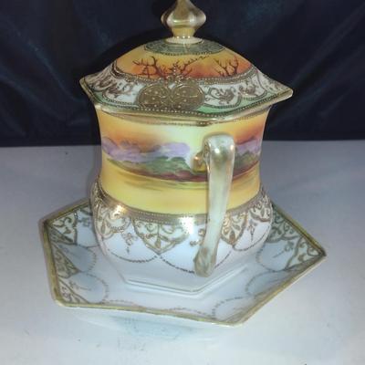 Hand Painted Nippon Condensed Milk Cover with Under Plate and Lid
