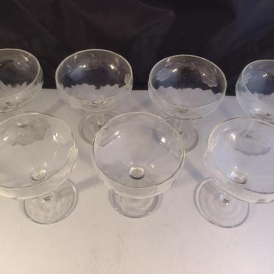 Etched Glass Champagne Coupe/Sherbet Glasses- 7 Piece